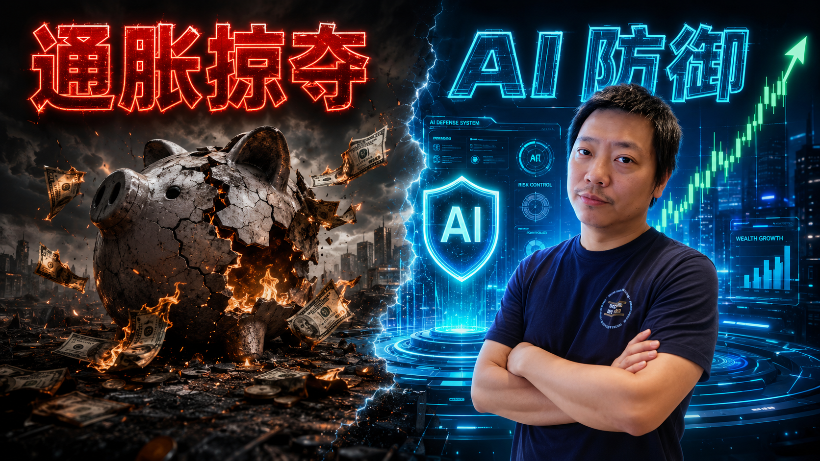 高对比度的概念图：左侧是通胀熔化的存钱罐，右侧是代表财富增长的AI科技面板