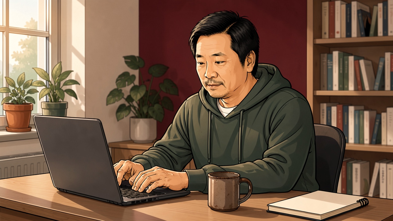 一个人坐在书桌前，安静地写自己的东西